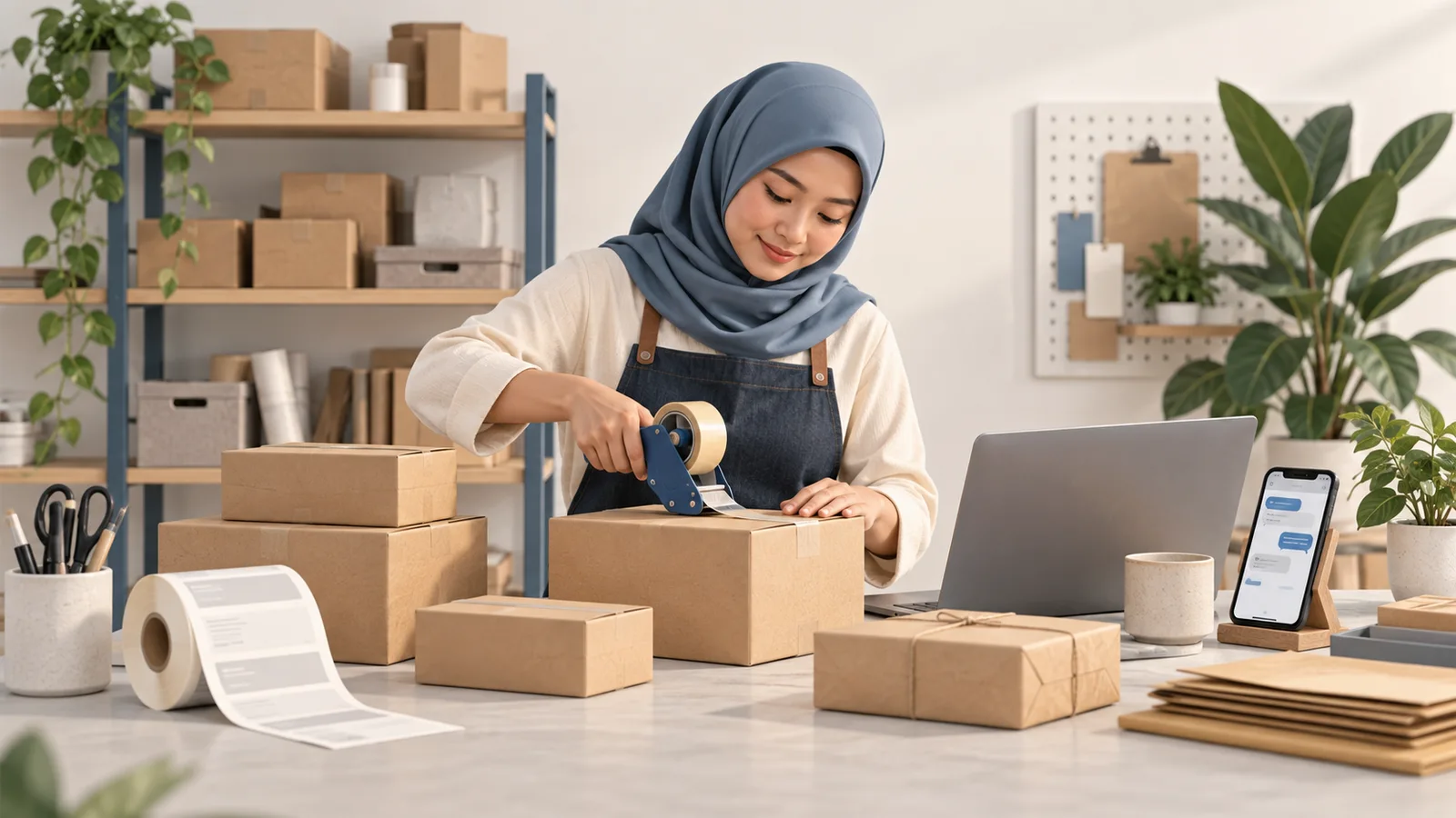 Illustration of a marketplace seller packing orders beside customer messaging tools.
