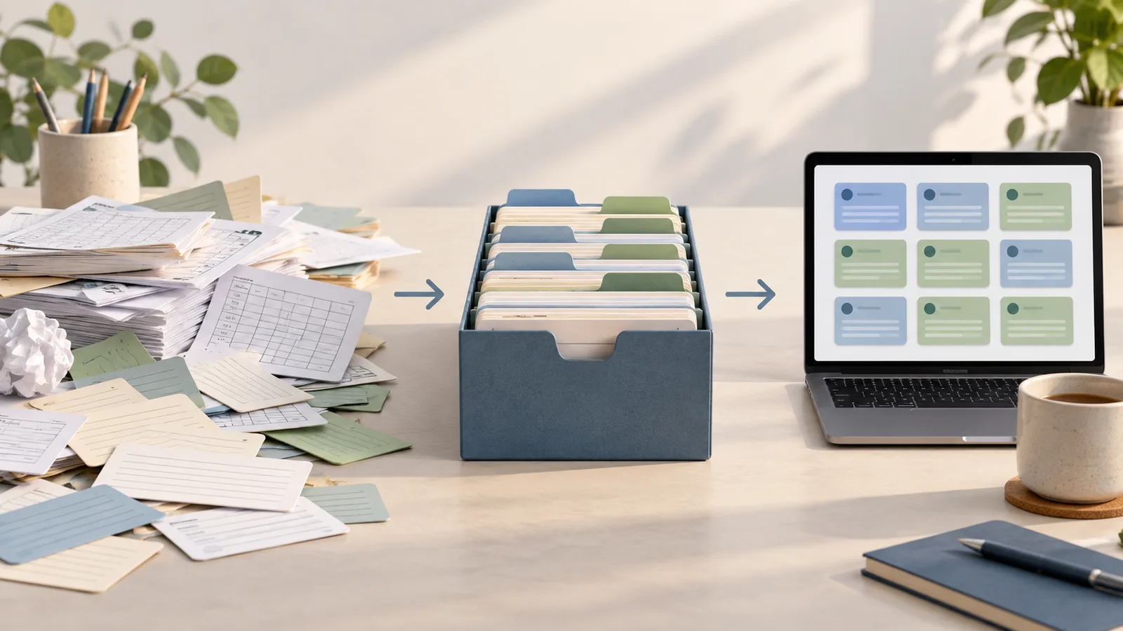 Illustration of scattered business records being organised into consistent digital data.