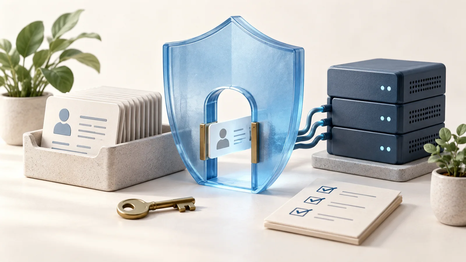 Illustration of a privacy shield controlling access between customer records and a server.